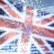 A UK flag with data scrolling in front of it in the shape of a skull.